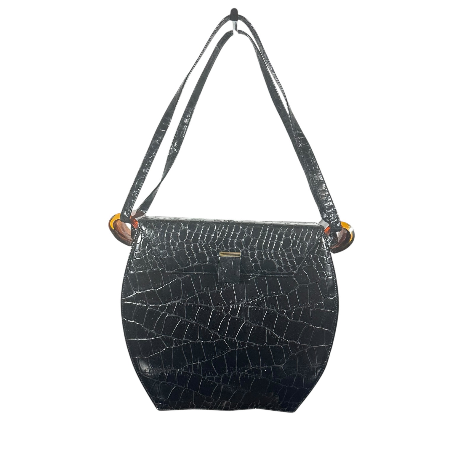 Crown Lewis Vintage Leather & Lucite Handbag Black Structured Shoulder Bag Retro